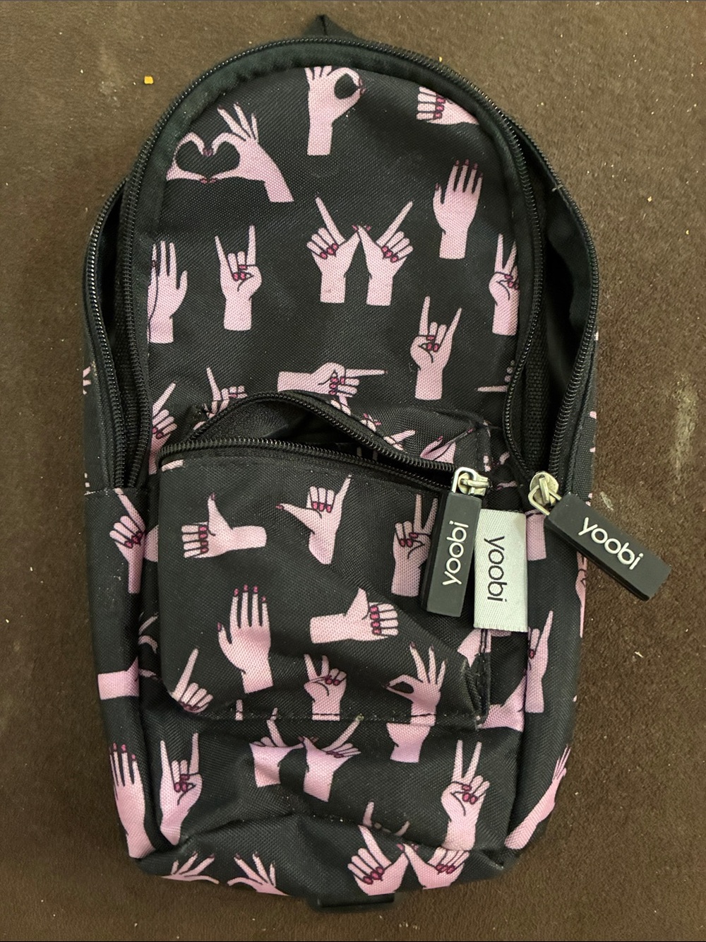 Yoobi Black Mini Backpack with Pink Hand Print Pattern